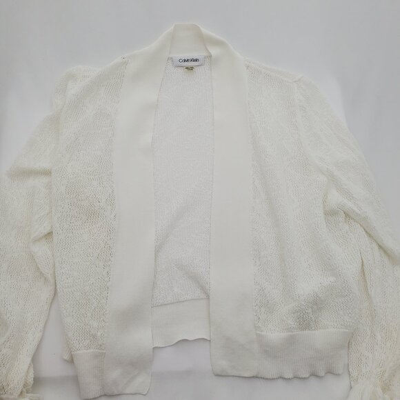 🤍 Calvin Klein Cropped Open Knit Cardigan Shrug - Ruffle Cuff - M - Picture 3 of 4